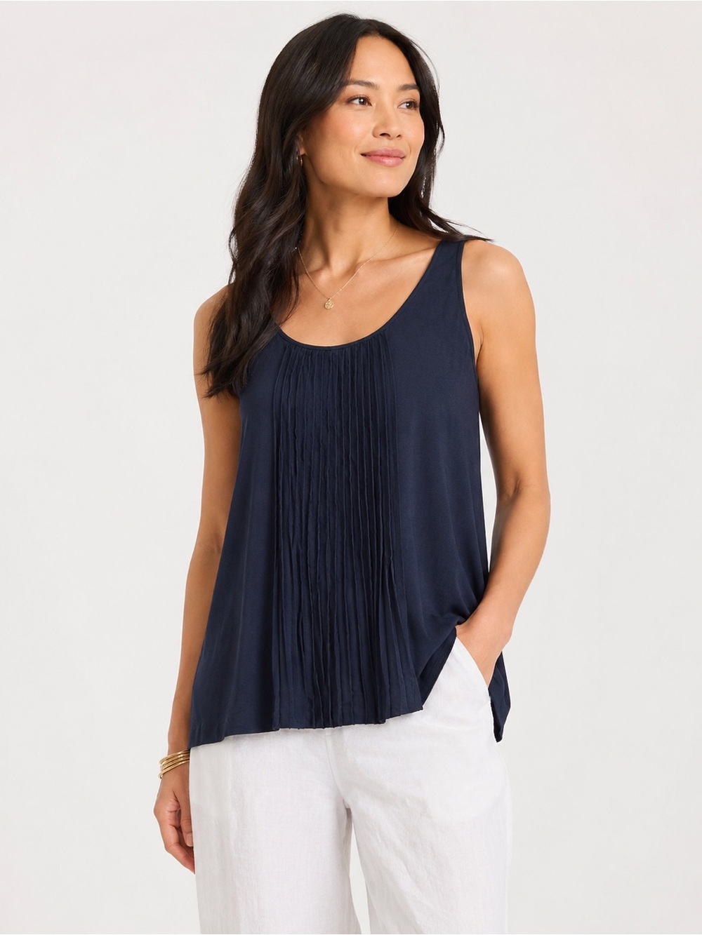 Eileen Fisher 100% Silk Tunic Tank Women M Navy Blue Pleated Quiet Luxury